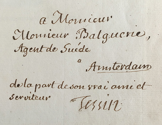 <p>Inscription on front flyleaf for Carolus Linnaeus (1707–1778), <em>Museum Tessinianum</em> ... (Stockholm, Apud Laurentium Salvium, 1753), Strandell Collection of Linnaeana no. 5562, HI Library call no. hBD7 T341m STR.</p>