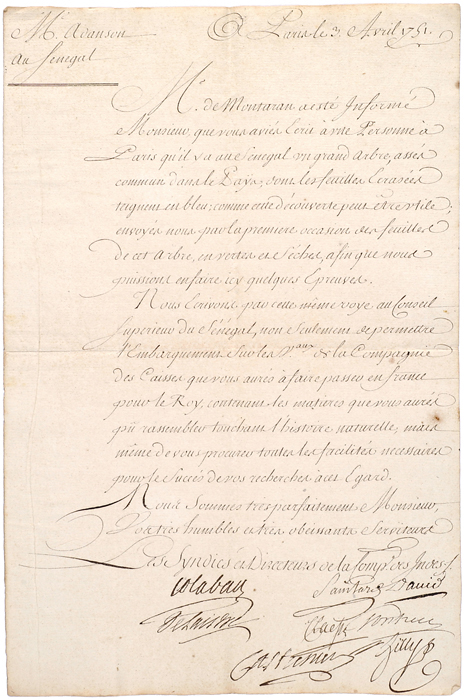 <p>Letter from Compagnie des Indes, Paris, 3 Avril 1751 to Michel Adanson, Senegal, Michel Adanson Library AD 181, HI Library.</p>