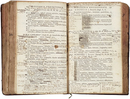 <p>Michel Adanson's annotated copy of Carolus Linnaeus (1707–1778), <em>Genera Plantarum</em>, ed. [3] (Paris, M. A. David, 1743 [1744], pp. 234–235), Michel Adanson Library, HI Library call no. ADAN 81.</p>