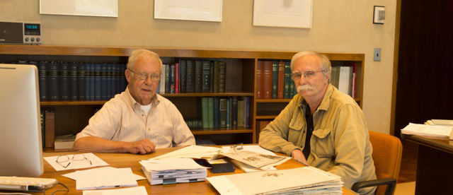 <p>Robert W. Kiger and T. D. Jacobsen, with <em>Allium</em> Linnaeus specimen, Director's Office at the Hunt Institute, Pittsburgh, Pennsylvania, 26 July 2016, photograph by Frank A. Reynolds, HI Archives portrait no. 16, reproduced by permission of the photographer.</p>