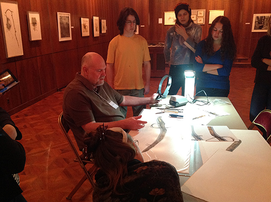 <p>David Morrison talked with Carnegie Mellon students in Adjunct Assistant Professor of Art Patricia Maurides' Art and Biology class, 19 March 2015, photograph by Lugene B. Bruno, reproduced by permission of the photographer.</p>