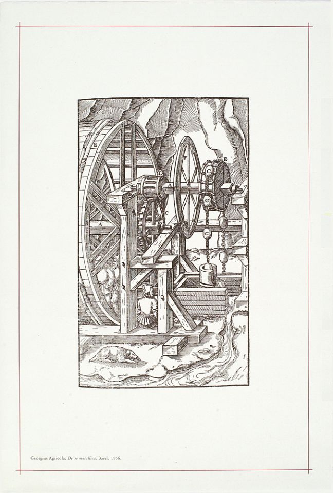 <p>9. Illustration of a Mine Pump, page 155 of Georgius Agricola's <em>De re metallica</em>, published in Basel by Froben, 1556. From University Libraries collection.</p>