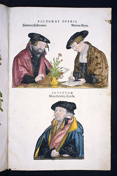<p><em>Above from left</em>, artists Heinrich Füllmaurer (fl.1542) and Albrecht Meyer (fl.ca.1542), <em>below</em>, wood-block sculptor Viet Rudolph Speckle (fl.1542), woodcut by Speckle and Füllmaurer after an original by Meyer for Leonhart Fuchs (1501–1566), <em>De Historia Stirpium Commentarii Insignes ...</em> (Basel, In officina Isingriniana, 1542, p. [897]), HI Archives portrait no. 2 and HI Library call no. +CA F951h.</p>