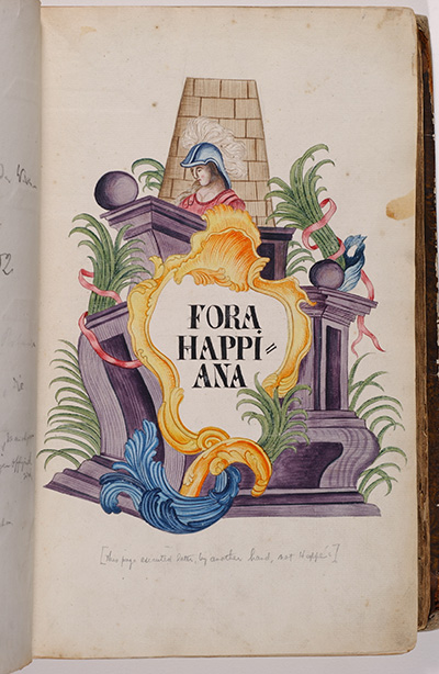 <p>Fora [<em>sic</em>] Happiana proposed title page, watercolor on paper by an unknown artist, 36 × 22 cm, included in Andreas Friedrich Happe album, HI Art accession no. 0869.</p>