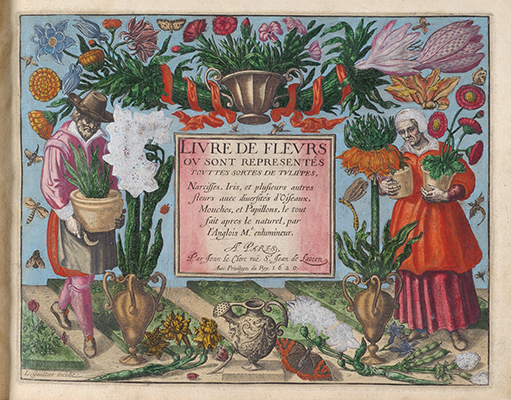 <p>Title page, hand-colored engraving by Léonard Gaultier (1561–1641) after an original by François L'Anglois (1589–1647) for his <em>Livre de Fleurs</em> (Paris, Joan le Clerc, 1620), HI Library call no. DQ1 L282L.</p>