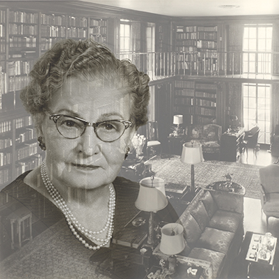 <p><em>Foreground</em>, Rachel Hunt (1882–1963), unknown location, April 1962, photograph by Kenneth Morton, HI Archives portrait no. 14; <em>background</em>, Library at Elmhurst, the Hunt residence on Ellsworth Avenue in the Shadyside section of Pittsburgh, 1953, photograph by Harry and Mary Arnold, HI Archives Hunt collection no. 252, box 57, Elmhurst 1953 green album, photo 3.</p>