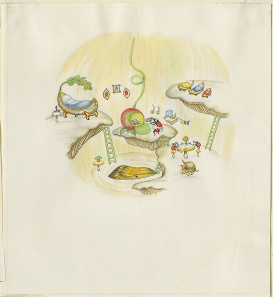 <p>Ladybug making breakfast for her children, watercolor on vellum by Susan Carlton Smith Cavanagh (1923–2021), 17 × 15.5 cm, for Kathleen N. Daly, <em>Ladybug, Ladybug</em> (New York, American Heritage Press, 1969, [p. 2]), HI Art accession no. 3965.08.</p>