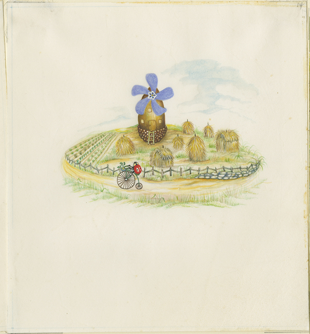 <p>Ladybug bicycling home, watercolor on vellum by Susan Carlton Smith Cavanagh (1923–2021), 17 × 15.5 cm, for Kathleen N. Daly, <em>Ladybug, Ladybug</em> (New York, American Heritage Press, 1969, [p. 8]), HI Art accession no. 3965.14.</p>