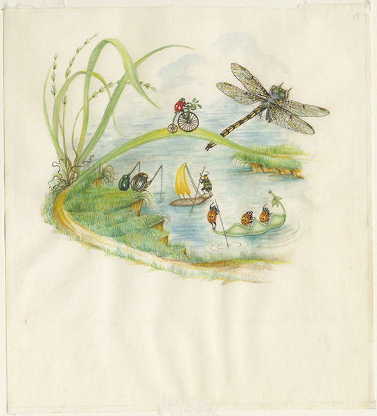 <p>Ladybug talking with dragonfly, watercolor on vellum by Susan Carlton Smith Cavanagh (1923–2021), 17 × 15.5 cm, for Kathleen N. Daly, <em>Ladybug, Ladybug</em> (New York, American Heritage Press, 1969, [p. 13]), HI Art accession no. 3965.19.</p>