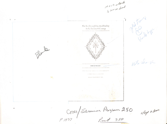 <p>Layout for cover of seminar program held in conjunction with the <em>Tradition of Fine Bookbinding in the Twentieth Century.</em></p>